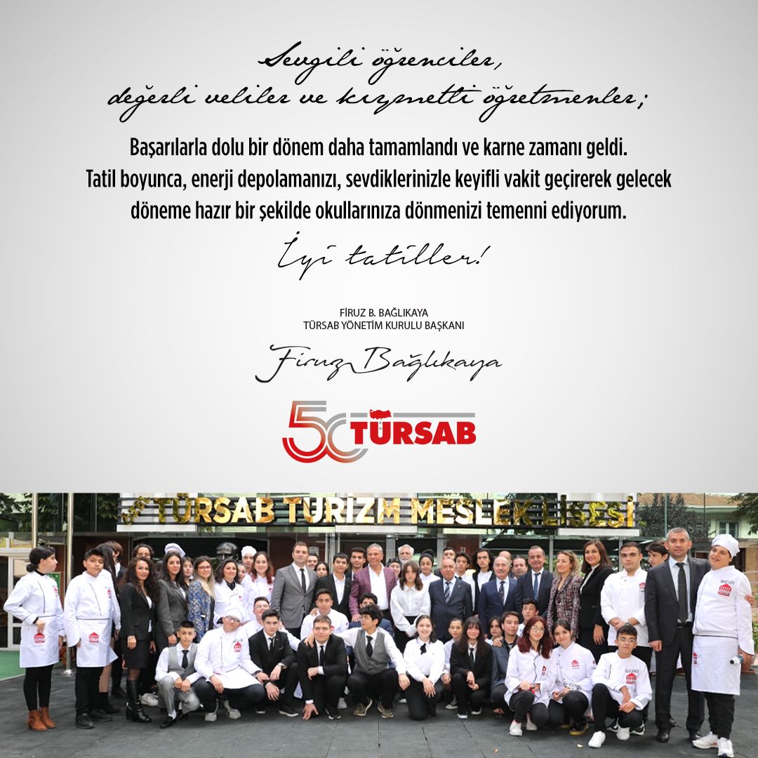 Sevgili öğrenciler, değerli veliler ve kıymetli öğretmenler;

Başarılarla dolu bir dönem daha tamamlandı ve karne zamanı geldi. 

Tatil boyunca, enerji depolamanızı, sevdiklerinizle keyifli vakit geçirerek gelecek döneme hazır bir şekilde okullarınıza dönmenizi temenni ediyorum.