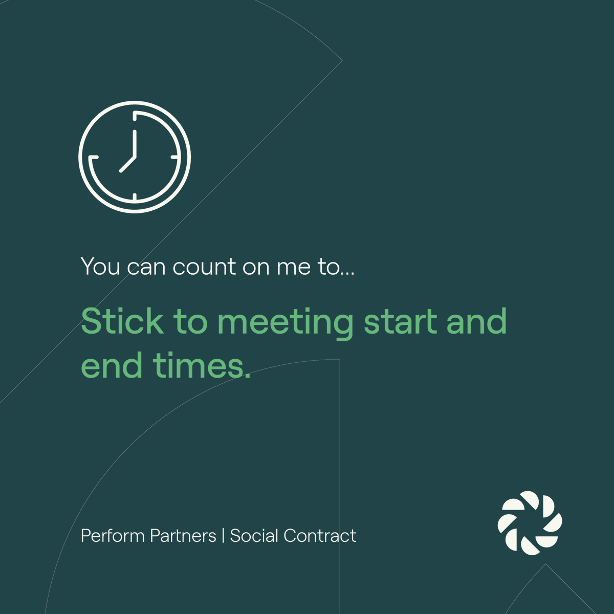 PerformPartners's tweet image. Introducing the Perform Partners Social Contract - created by us for us 🎉 Starting with point 1…

🕒 You can count on me to stick to meeting start and end times!

#SocialContract #TeamCommitment #PerformLife #ThePerformWay #AgileTeams
