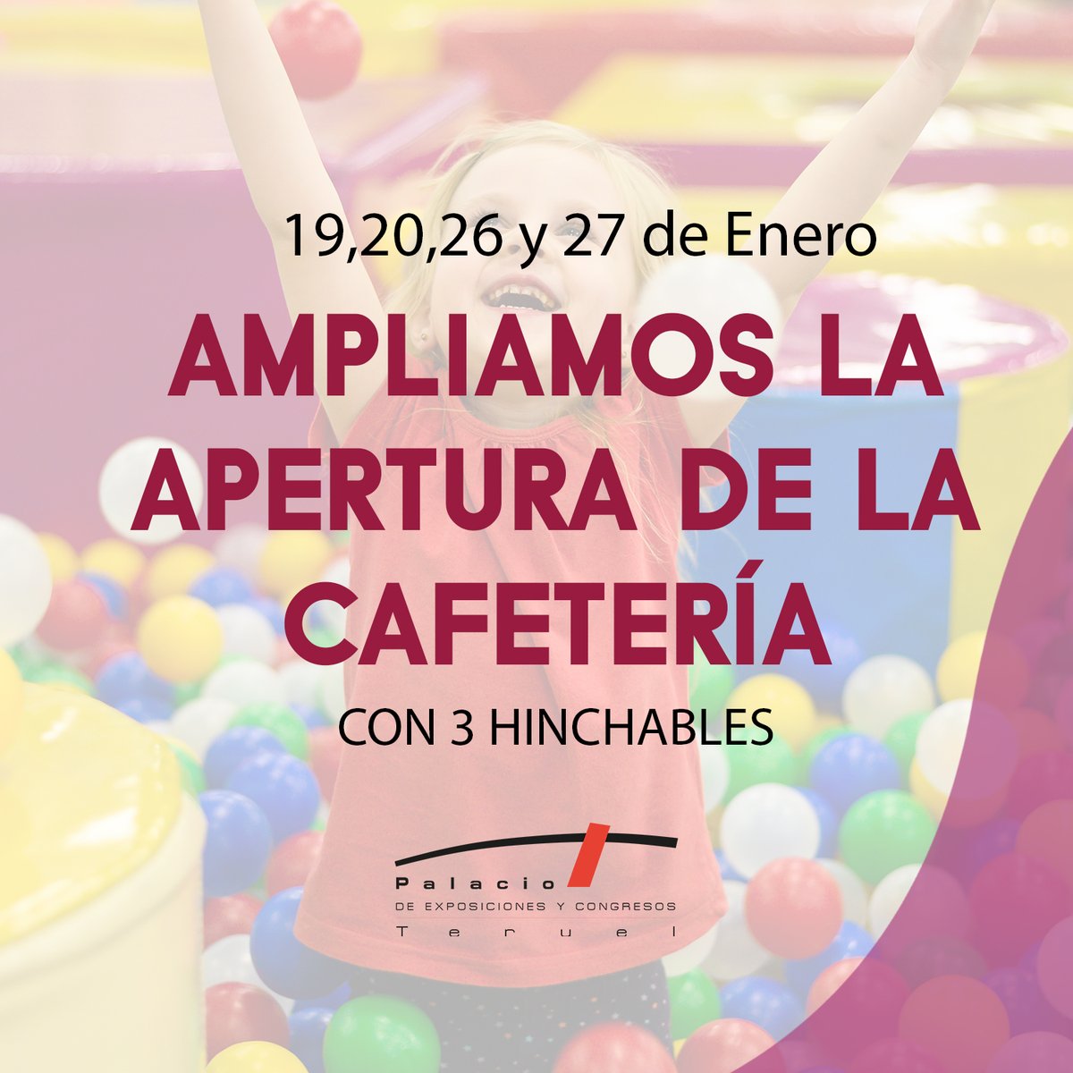 ¡Ampliando la diversión en nuestra cafetería 👀! 
📅 19, 20, 26 y 27 de enero, disponemos de 3 ¡hinchables! 
🎂 Pero eso no es todo, ¡nuestra oferta de cumpleaños continúa! 
🎁 Celebra el cumpleaños de tus peques los viernes o sábados por solo 10€/niño. 
¡Reserva tu espacio🎈!