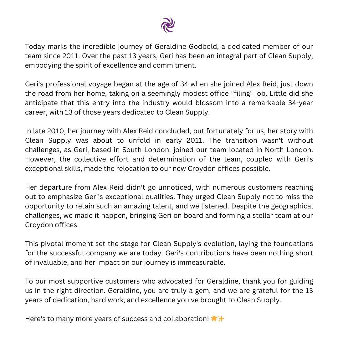 Celebrating Geraldine Godbold's 13 years with
Clean Supply! #GeraldineGodbold #CleanSupplyLegacy #TeamAppreciation