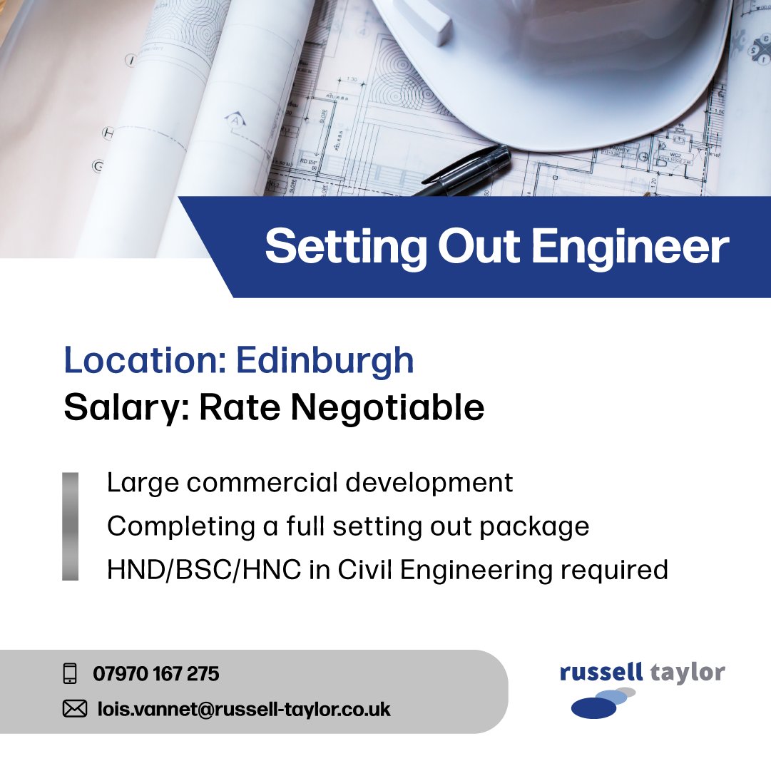 RTaylorGroup's tweet photo. Setting Out Engineer 
📍 Edinburgh 
Salary: Rate Negotiable 

To apply, or for more information contact Lois today 
07970 167 275
Lois.vannet@russell-taylor.co.uk

#russelltaylorgroup #recruitment #settingoutengineer https://t.co/HsYLebfZcQ