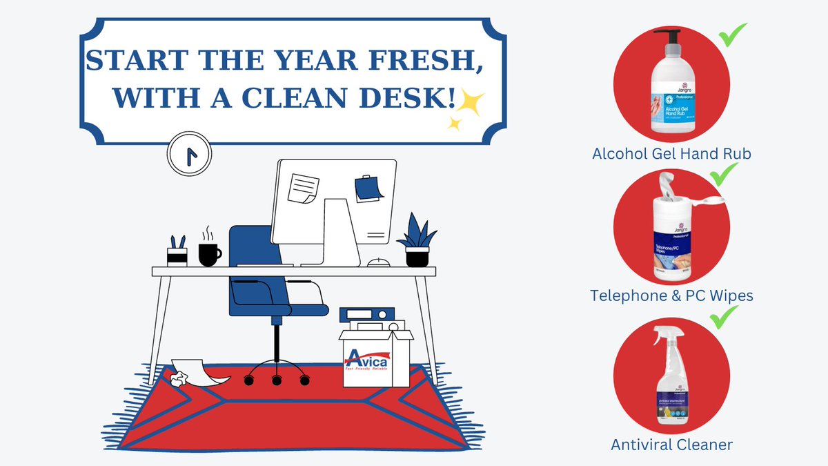 AvicaUK's tweet photo. It’s a new year, which means It's time to clean up and get organized! ✨ From sanitizing wipes to multipurpose cleaners, we've got all the essentials you need to maintain a clean desk. 💻

 #CleanDeskHappyMind #OrganizedWorkspace #ProductivityBoost #Avicauk https://t.co/MVixtvscOt