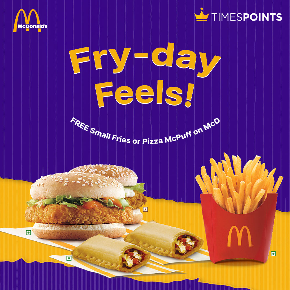 Kickstart your weekend with a side of joy! 📷 Get your Friday treat at McDonald's - free fries or McPuff with TimesPoints. Delicious moments await!

Visit Now : bit.ly/3ObPLHY

<a href="/mcdonalds_india/">Mac Donalds</a>
#friyay #McDonaldsTreat #WeekendVibes
