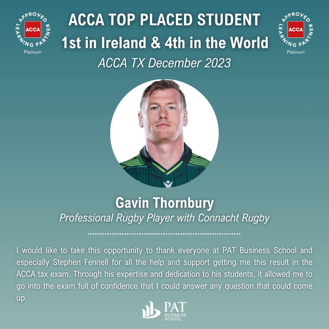 studywithPAT's tweet photo. Congratulations to Gavin Thornbury, who achieved the top mark in Ireland for ACCA Taxation during the December 2023 exam session. Well done from everyone here at PAT Business School on your successπ
#ACCAExams #ACCAResults #ACCAStudents #ACCAIreland #ACCATX https://t.co/V3WE1xN5NI