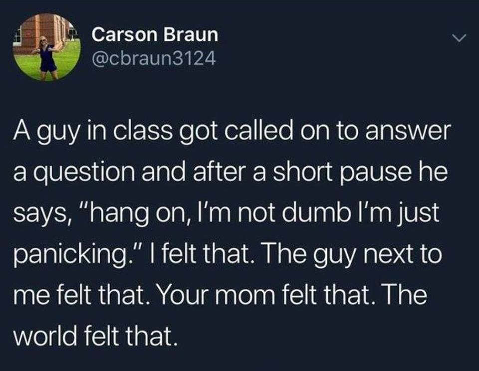 Preparing some notes for a professional discussion about mathematical talk this week.

One of the Qs was about getting more/all students contributing in class discussions. 

It reminded me of this Tweet which hits home and is one I can never unsee 👀 
#shy #anxiety #mathsanxiety
