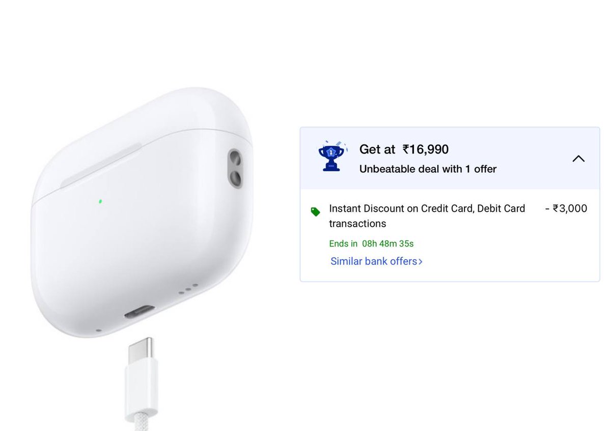 AtoZTechDeals's tweet photo. Lowest Price Ever! 🔥 Hurry! Offer valid while stocks last!

APPLE AirPods Pro (2nd generation) with MagSafe Case (USB-C) for ₹16,990 (Effectively)

📌Flat ₹3,000 off with Credit Card, Debit Card transactions

https://t.co/r0OFd3ukLI https://t.co/qTBPTseukq