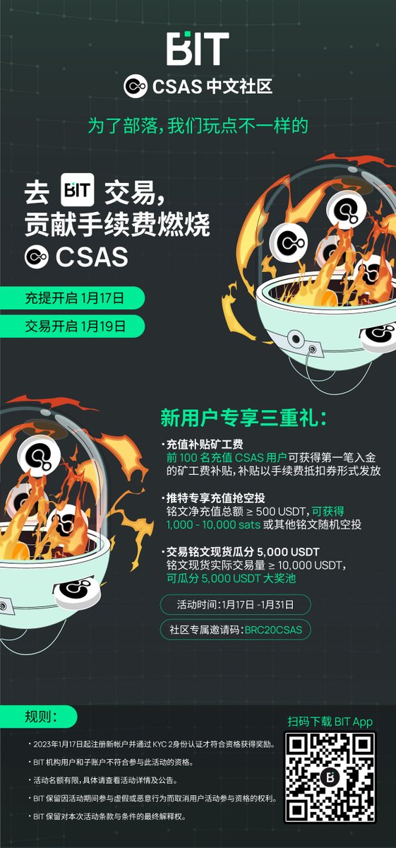 Bitcom_Asia's tweet image. 🎁 #CSAS 上币新用户专享三重礼

🗓️2024 年1月17日 - 2024年1月31日

1⃣早鸟充值享矿工费补贴
2⃣铭文交易 ≥ 10,000 USDT 可瓜分 5,000 USDT，100%有奖
3⃣关注 @Bitcom_Asia 并转发此条推特，在评论区留下你的BIT UID，铭文净充值总额 ≥ 500 USDT，可获得 1,000 - 10,000 sats