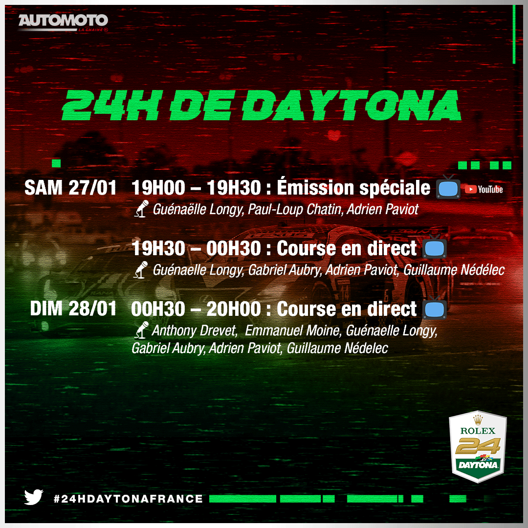 Les 24H de Daytona ça se passe sur Automoto la Chaîne 👇
Au programme : une émission spéciale suivi de la course en INTEGRALITE 🔥

📺 RDV à partir du samedi 27 janvier à 19H00 
-
#24HDaytonaFrance