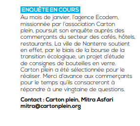 AEcodem's tweet photo. Durant tous le mois de janvier, @mapyntonga avec #AnneLeguenniou mènera une étude auprès des commerçants pour la faisabilité d'une consigne de verre avec @cartonpleinasso et @VilleNanterre. https://t.co/UIDyXj69ns