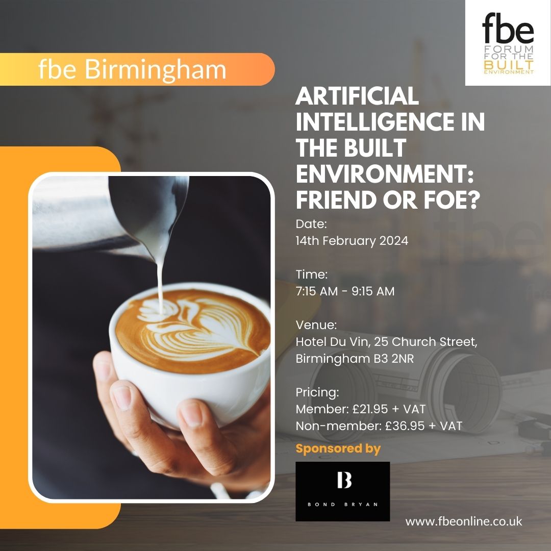 fbe (@fbeonline) on Twitter photo Next month we join @fbebirmingham for an event to will discuss the potential of #AI and #robotics to the #builtenvironment.
Kindly sponsored by <a href="/bondbryan/">Bond Bryan</a>
Book online at buff.ly/48HO2lY Next month we join @fbebirmingham for an event to will discuss the potential of #AI and #robotics to the #builtenvironment.
Kindly sponsored by <a href="/bondbryan/">Bond Bryan</a>
Book online at buff.ly/48HO2lY