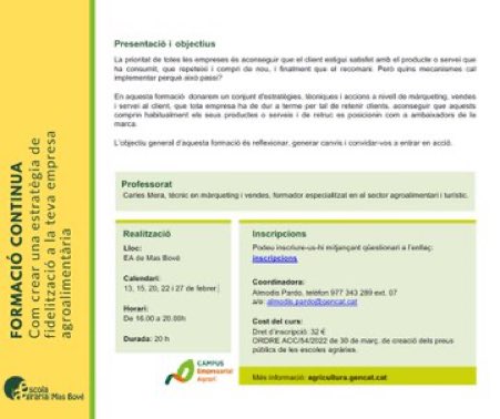 Com crear una estratègia de fidelització per 
a la teva empresa agroalimentària 
No et perdis la formació <a href="/EAMasBove/">Escola Agrària Mas Bové</a> 
#marketing #vicatala #productesagroalimentaris  #tarragona #empresa