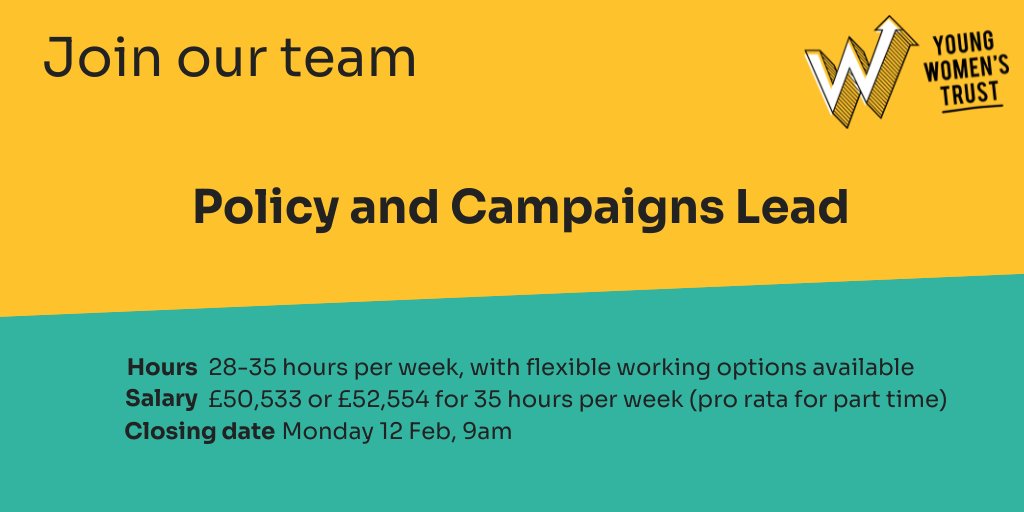 YWTrust's tweet image. 📢 New role 📢

Do you have a track record of leading campaigns for policy or social change?

We’re hiring a Policy and Campaigns Lead to build young women’s visibility, voice and power and bring about an equal world of work for young women. 🙌

Apply 👉 youngwomenstrust.org/about/join-our…