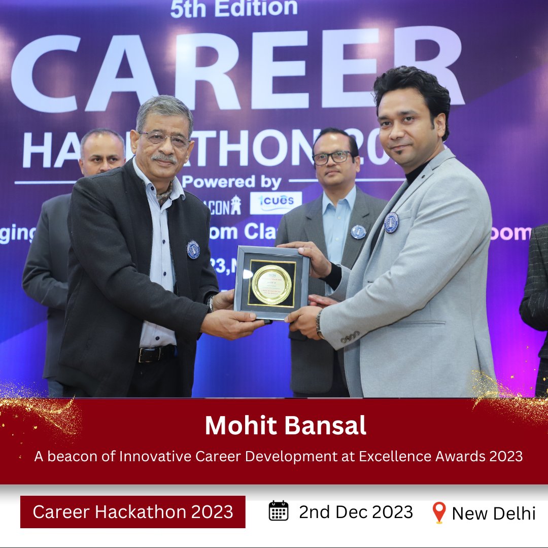 Congratulations to Mohit Bansal for clinching the Innovator of the Year Award at Career Hackathon 2023! 
🚀 His dedication to Innovative Career Development sets a new standard. 🌐 
#CareerHackathon2023 #InnovatorOfTheYear #MohitBansalInnovates