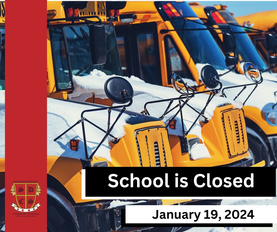 S_DCSC's tweet photo. Sunman-Dearborn Community Schools will be closed on Friday, January 19, 2024.
Today WILL NOT be an e-learning day.
School day will be made on Monday, February 19, 2024. https://t.co/3Xlpo0dtQf