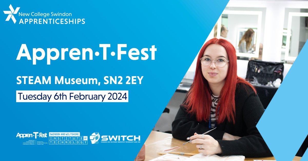 Appren-T-Fest Swindon 2024

Showcasing a range of businesses and education providers across Swindon that support apprenticeships. 
The event is free and is open to parents, carers and students from 4pm-7pm

Book your place here: bit.ly/48EGZKI