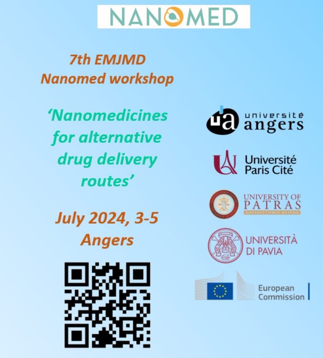 MINT (@labmint) on Twitter photo SAVE THE DATE 📆 🚨
As part of the EMJMD Nanomed program, a workshop will be organized at <a href="/UnivAngers/">Université d'Angers</a> from July 3-5, 2024. A unique opportunity to exchange with futur leaders of the nanomedicine community. The workshop will be open soon for oral and poster communications: SAVE THE DATE 📆 🚨
As part of the EMJMD Nanomed program, a workshop will be organized at <a href="/UnivAngers/">Université d'Angers</a> from July 3-5, 2024. A unique opportunity to exchange with futur leaders of the nanomedicine community. The workshop will be open soon for oral and poster communications:
