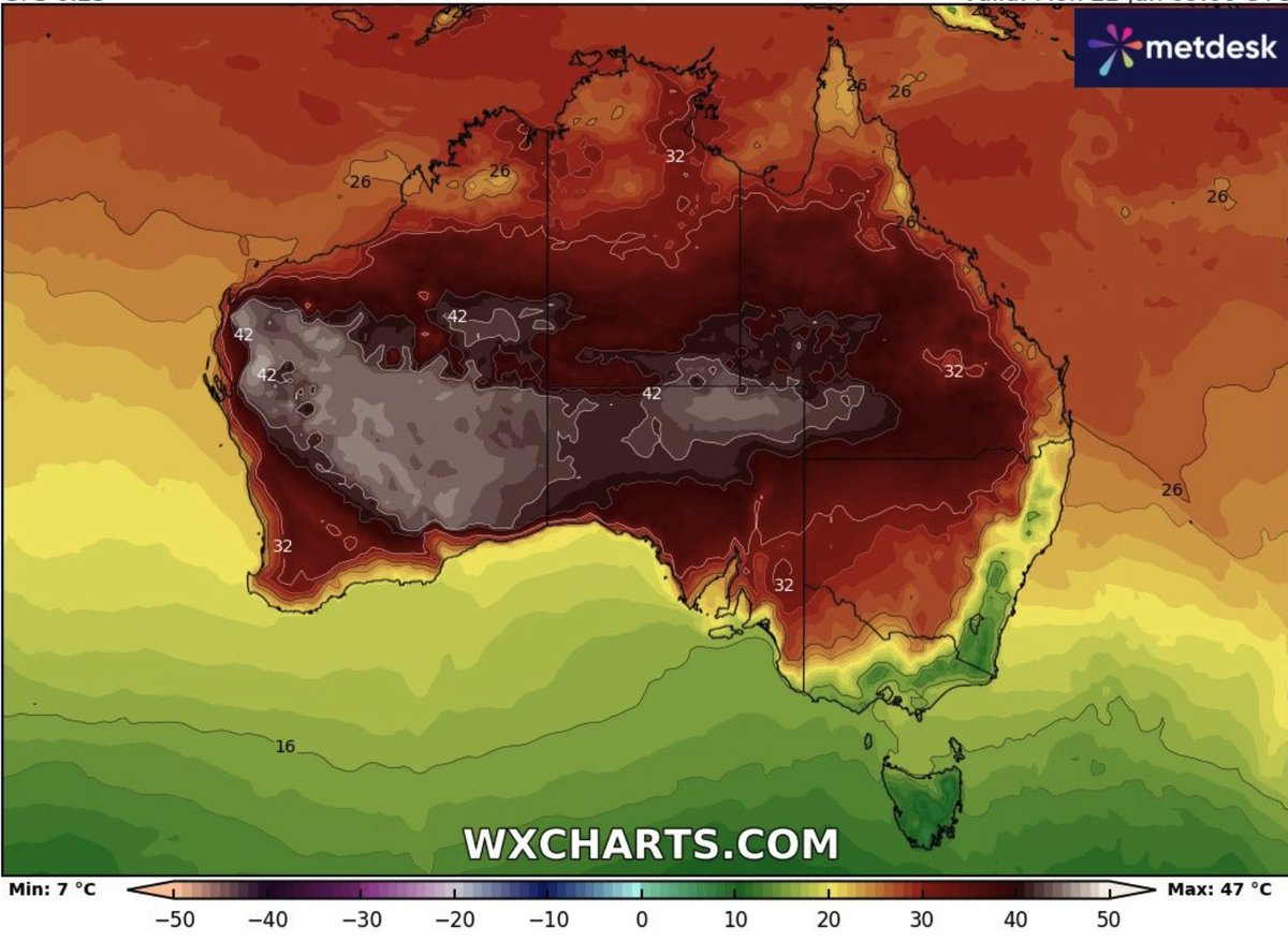 PGDynes's tweet image. The mercury could pass 50°C/122F in some parts of #Australia in the coming days. That is beyond the limits of human survivability for very long. What #temperatures will be reached over this landmass at 2C over global. It won't be comfortable for humans or nature.