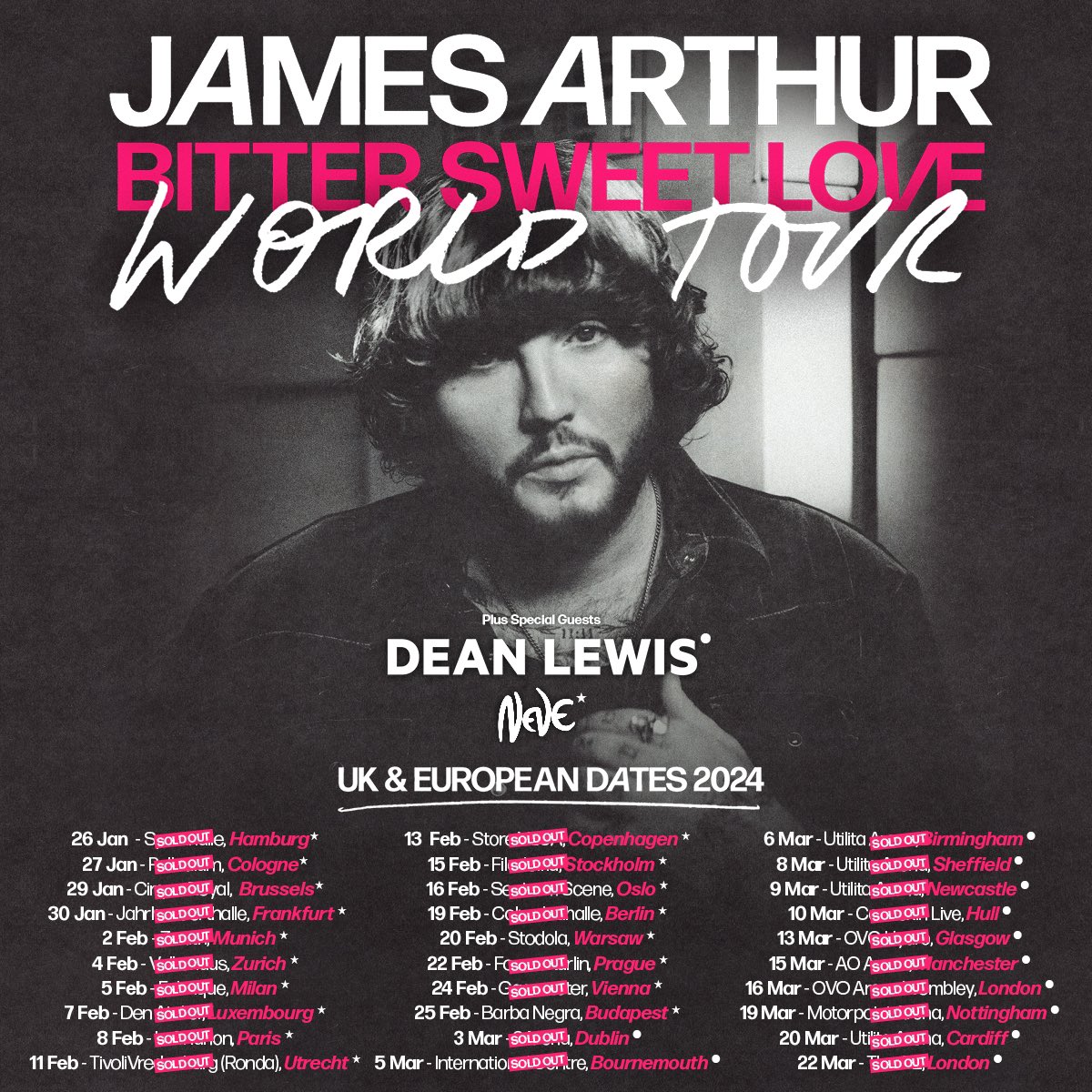 JamesArthur23's tweet photo. I’m excited to welcome my buddy @deanlewismusic to the Ireland and UK shows and the amazing @Nevemusic to the EU shows on the Bitter Sweet Love tour. I’m a big fan of both artists! Only a handful of tickets left now 🙌 https://t.co/KzKBe1islF https://t.co/mUrZSkvtVY