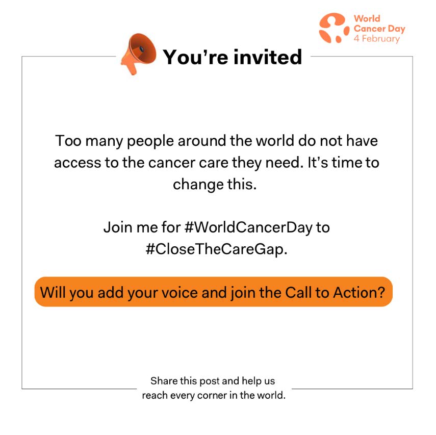 World Bladder Cancer Patient Coalition (@worldbladdercan) on Twitter photo Join the global movement for #WorldCancerDay - sign the Call to Action! 🌍
<a href="/uicc/">Union for International #CancerControl</a> urges governments worldwide to promote health equity, enhance cancer service accessibility, reduce disparities in #cancer incidence and mortality, to finally #CloseTheCareGap❗
Add your voice 👉 Join the global movement for #WorldCancerDay - sign the Call to Action! 🌍
<a href="/uicc/">Union for International #CancerControl</a> urges governments worldwide to promote health equity, enhance cancer service accessibility, reduce disparities in #cancer incidence and mortality, to finally #CloseTheCareGap❗
Add your voice 👉
