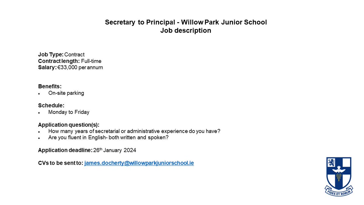 Willow Park Junior School has a vacancy for the role of Secretary to the Principal. Full details attached.