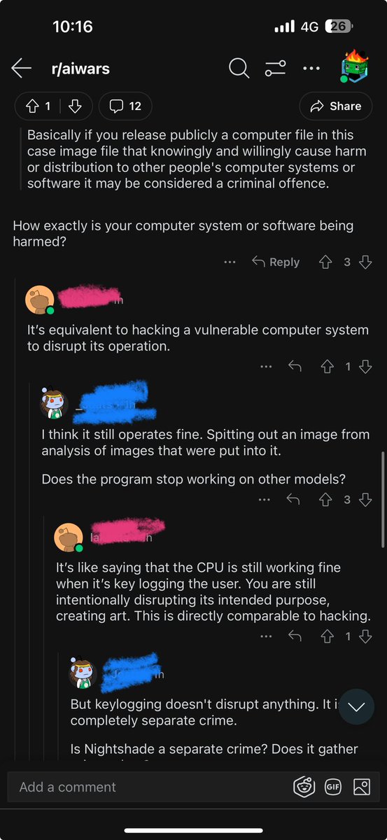 Ahahah the cope is insane. Dude is legit arguing against glazing your images because it’s ‘illegal’ in his eyes. He compared it to having his PC hacked because it ‘disrupts his operation’ I am delighted