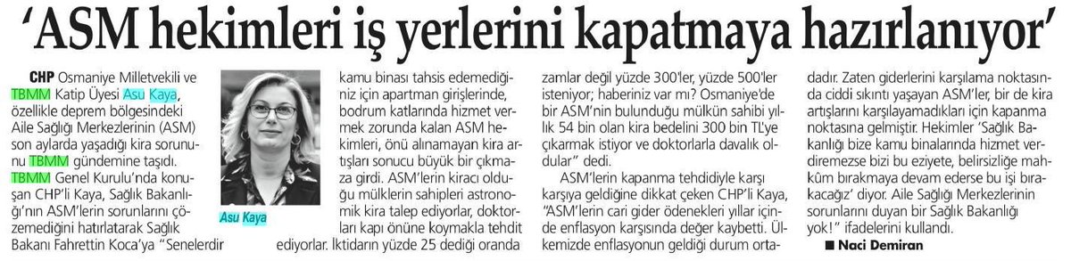 Aile Sağlığı Merkezlerinin kira sorununa dair TBMM’de yaptığım konuşmam ulusal basında yer aldı.
<a href="/herkesicinCHP/">CHP 🇹🇷</a> #AileSağlığıMerkezleri <a href="/ttborgtr/">Türk Tabipleri Birliği</a> <a href="/TtbAhk/">TTB Aile Hekimliği Kolu TTB-AHEK</a> <a href="/AHEF2008/">AHEF</a>