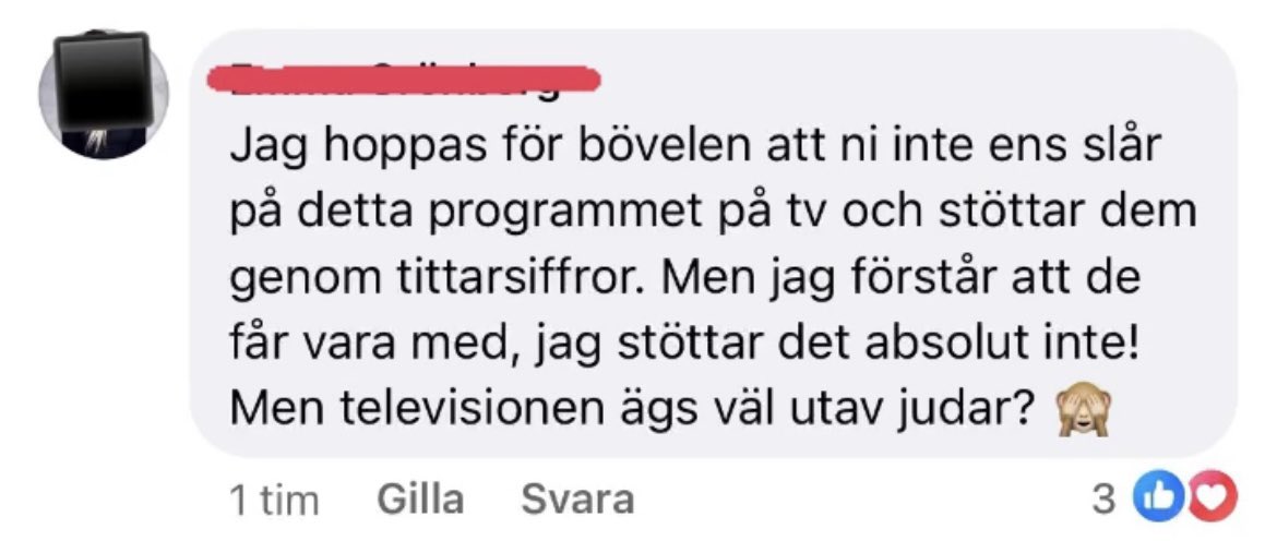 Förstå att människor öppet i sitt eget namn spekulerar såhär antisemitiskt i tjejgrupp på Facebook. Detta en kommentar på inlägg om att Israel är med i Eurovision.