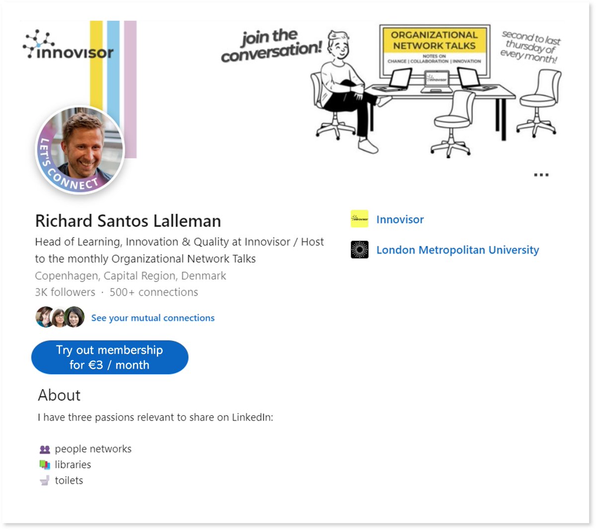 InnovisorInc's tweet photo. On Thursday at 8AM(EST)/2PM(CET)/9PM(SGT), we host the first monthly #OrganizationalNetworkTalk for club members who are passionate about #peoplenetworks.
It's facilitated by Richard who is also passionate about #libraries and #toiletsโฌ๏ธ ๐
Join now: https://t.co/f56Zkg1hA8 https://t.co/qB9GWPACtS