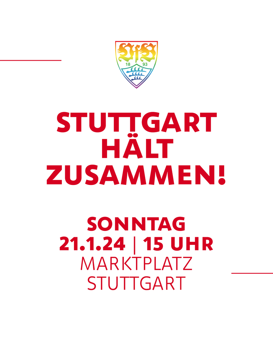 Der #VfB unterstützt „Stuttgart hält zusammen“: Für eine widerstandsfähige Demokratie, für Weltoffenheit, für gelebte Vielfalt und gegen Rassismus, Antisemitismus und Diskriminierung jedweder Art!
Zur Meldung auf vfb.de: go.vfb.de/news4459