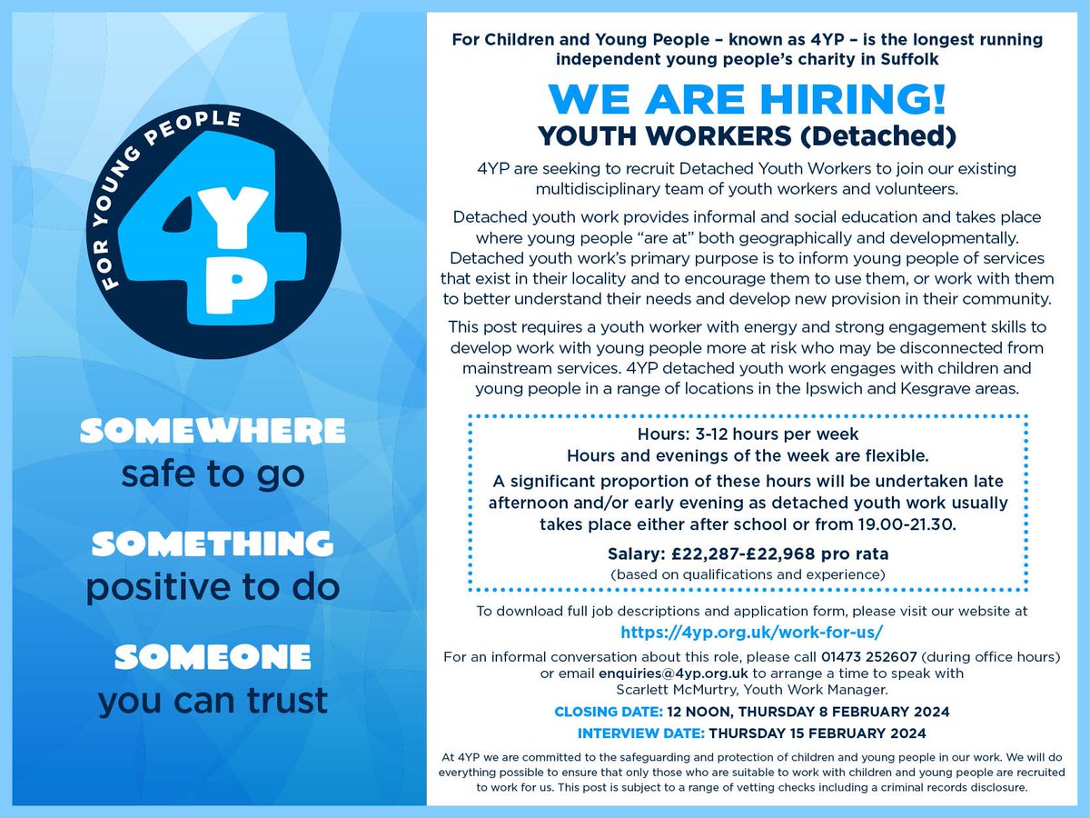 Would you like to play a key role in supporting children or young people in their local communities? If so, please take a look at our current vacancies for Detached Youth Workers or share it with others who may have an interest. Thank you. More information here: