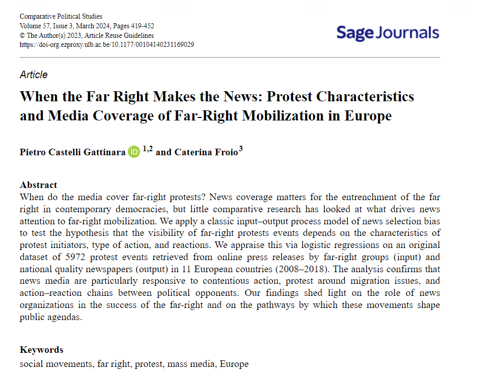 PietroCastelliG's tweet photo. Our article with @CaterinaFroio "When the Far Right Makes the News" now has a volume & issue in @cps_journal!
Using #FARPE data (@MSCActions @CrexUiO @SciencesPo_CEE) we find that FR protest visibility depends on initiator profiles, action type, and reactions. Thread below 👇 https://t.co/6zJL0YfhM3
