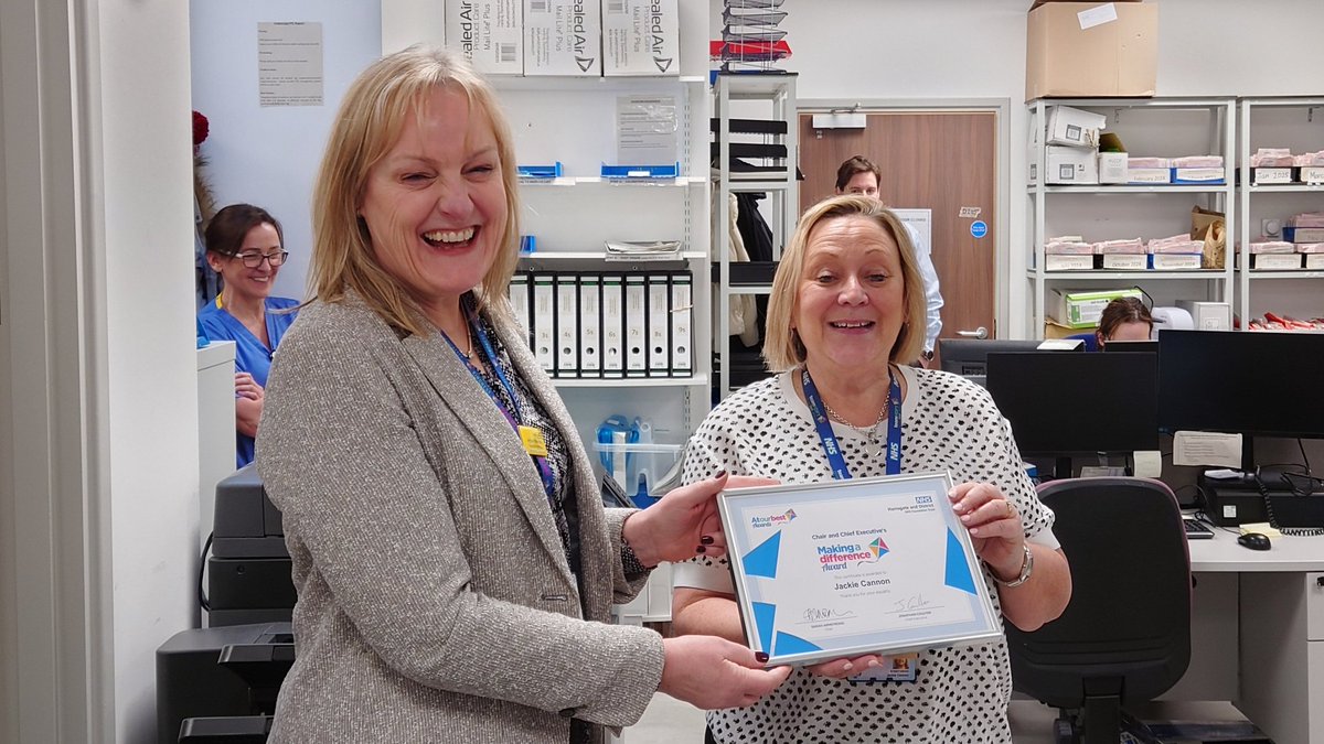 Well done Jackie on your Making a Difference award 💙 Nominated for your exceptional care &amp; attention with an extremely anxious patient - you gained their trust &amp; went 'above &amp; beyond' accompanying them throughout their visit. You are kind &amp; demonstrate the Trust values 🤩