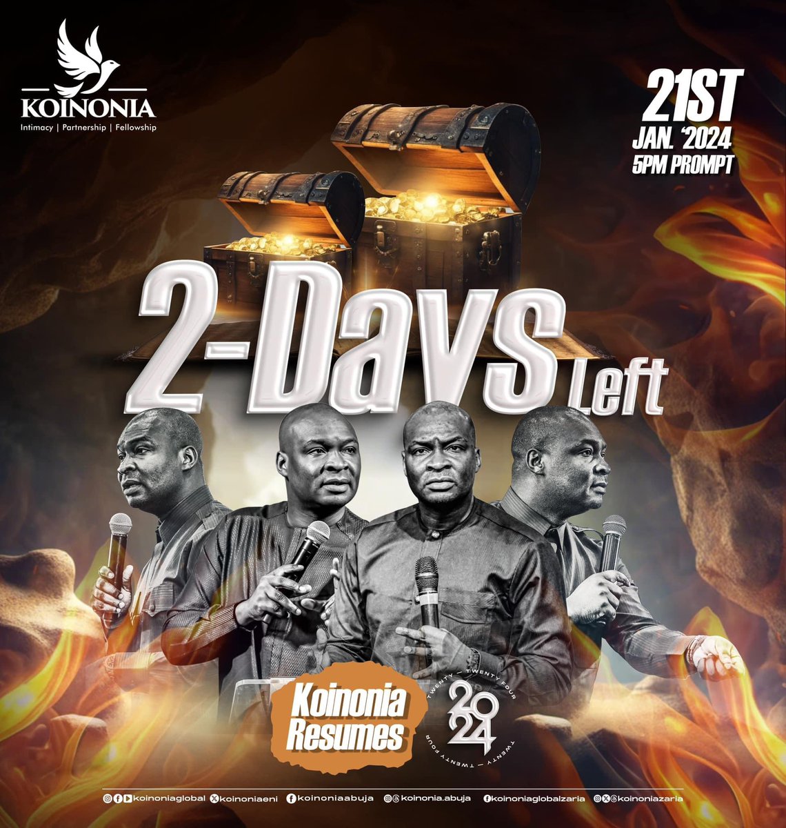 2 More Days until Resumption! 🙌

It's never an ordinary Sunday at Koinonia. It's always a deep moment of fresh encounters in God’s presence. And what better way to a fresh start than in our first service for the year 2024.

Join us on the 21ST of JANUARY for both our ABUJA and