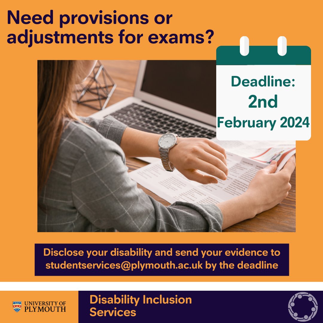 Need provisions or adjustments for your May exams? 🤔Email your evidence to studentservices@plymouth.ac.uk by the 2nd February 2024 to make sure you have provisions in place for May 📅  #MayExams #UniversityofPlymouth #StudentHub #PlymStudentHub #ExamProvisions