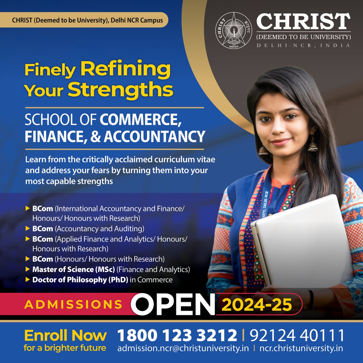 An entire set of meticulously designed curricula designed especially for students who aspire to be strategic business leaders and new-generation entrepreneurs. Our curricula have been envisioned for sustainable and inclusive growth at the global level. 
Accepting Admissions 24-25