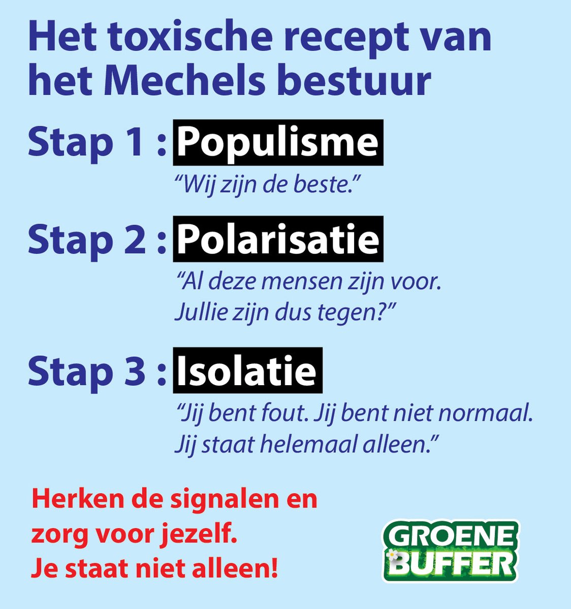 GroeneBuffer's tweet image. Als activist is zelfzorg belangrijk Het Mechelse bestuur gebruikt dit toxische stappenplan om kritische mensen uit de weg te krijgen. Het is heel efficiënt. Daarom is het belangrijk om het tijdig te herkennen, bij jezelf en ook bij anderen.

facebook.com/photo?fbid=689…