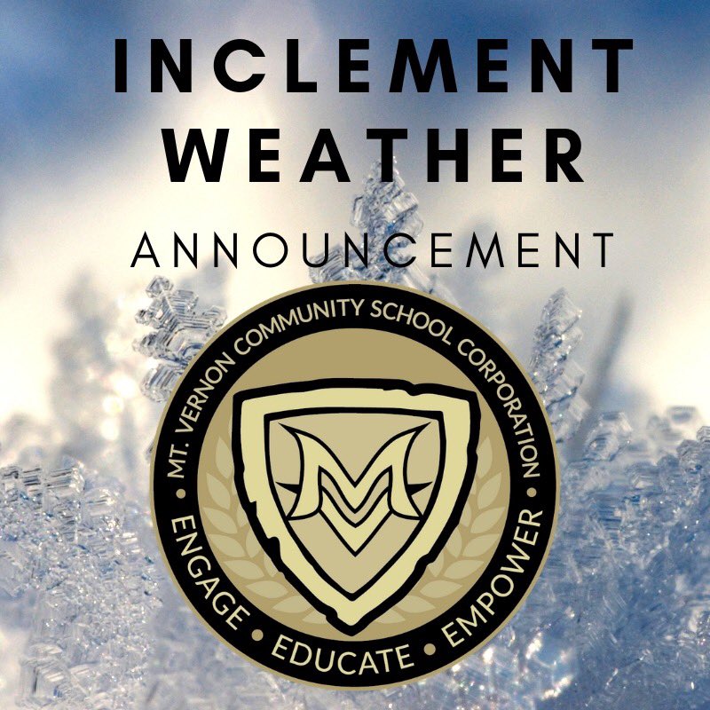 Mt. Vernon Schools will have an eLearning day on Friday, January 19 due to slick roads with very little treatment. Snow will continue for the next few hours and temperatures will continue to drop. The Mini-Marauder Preschool will be closed.