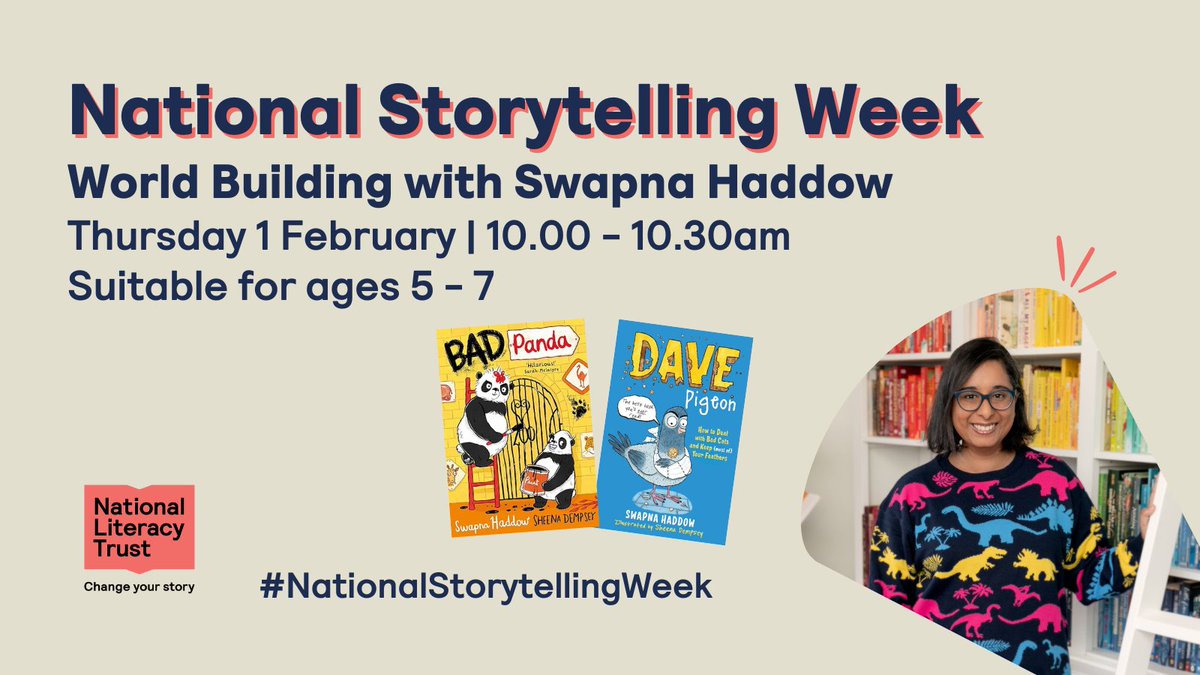 Any fans of the Dave Pigeon series in your class? Children aged 5 - 7 are invited to our #NationalStorytellingWeek event with award-winning author @SwapnaHaddow. Enjoy some live storytelling and find out what it’s like to be an author. Register: literacytrust.org.uk/events/nationa…