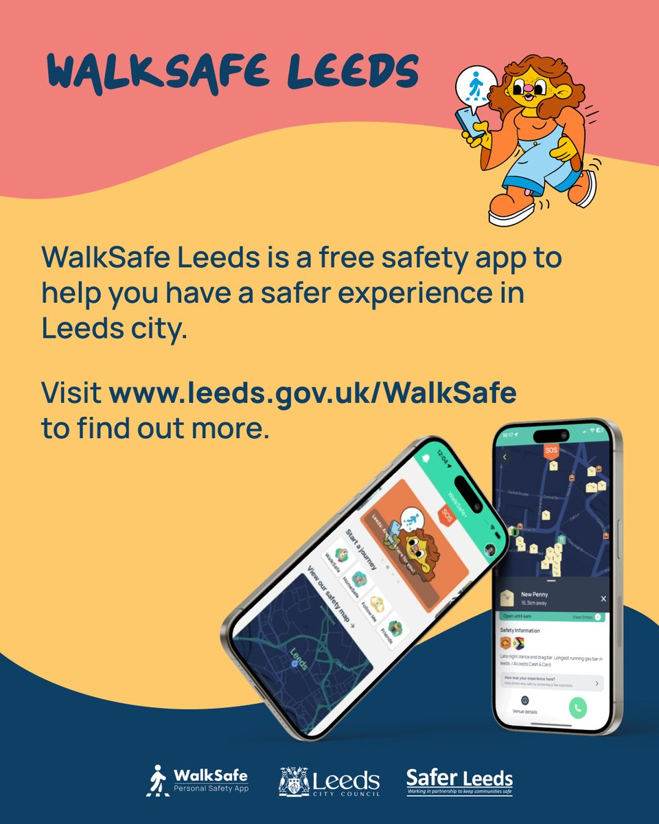 Have you heard of the WalkSafe App?🚶‍♀️

WalkSafe Leeds is a free app to help you have safer experiences when you're out in Leeds✨

The local features available support safer experiences including:
📍Ask for Angela
📍Safe Spaces
📍Women’s Night Safe Space Bus
📍Street Marshalls