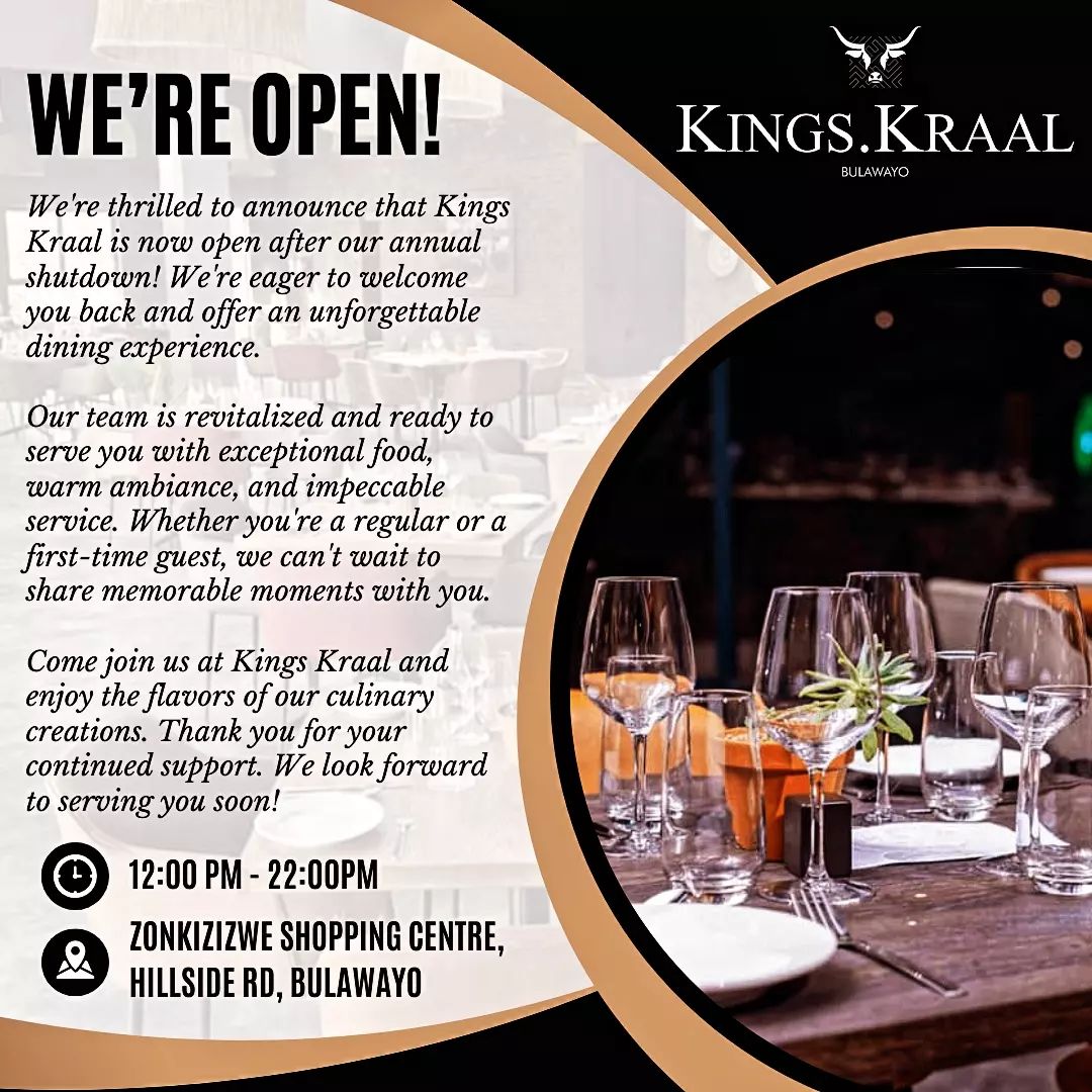 KingsKraalByo's tweet image. 🌟 Exciting News! 🌟 Kings Kraal is officially back open after our annual shutdown, and we couldn't be happier! 🎉 Ready to welcome you with open arms and serve up delicious moments. 🍽️ Come join us and let's make unforgettable memories together! 💛 #KingsKraal #BackInBusiness