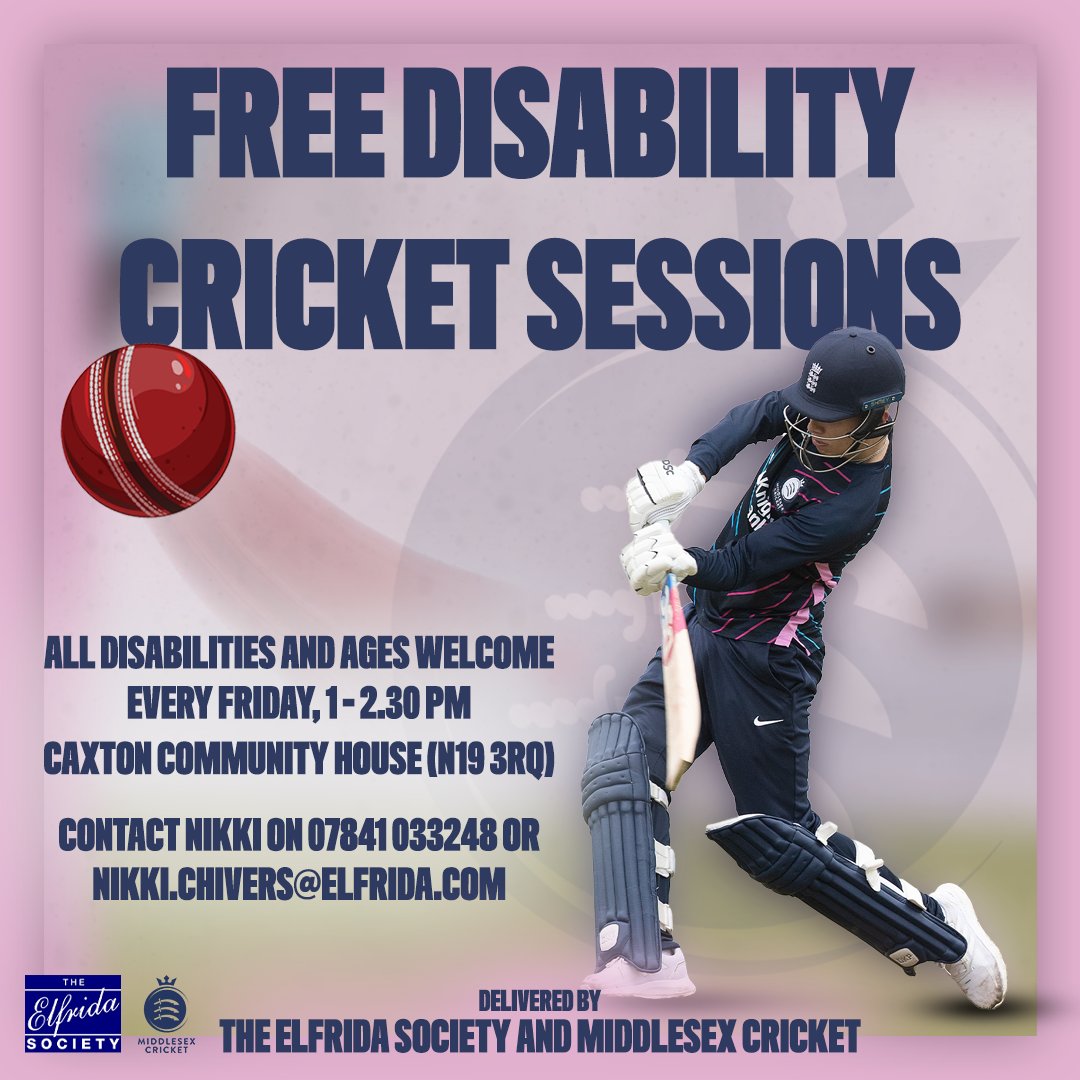 We're running free disability cricket sessions alongside the @ElfridaSociety, every Friday afternoon in Islington. Come along and improve your cricket skills, get fit and make new friends in a fun and friendly environment. All disabilities and ages are welcome - free of charge.