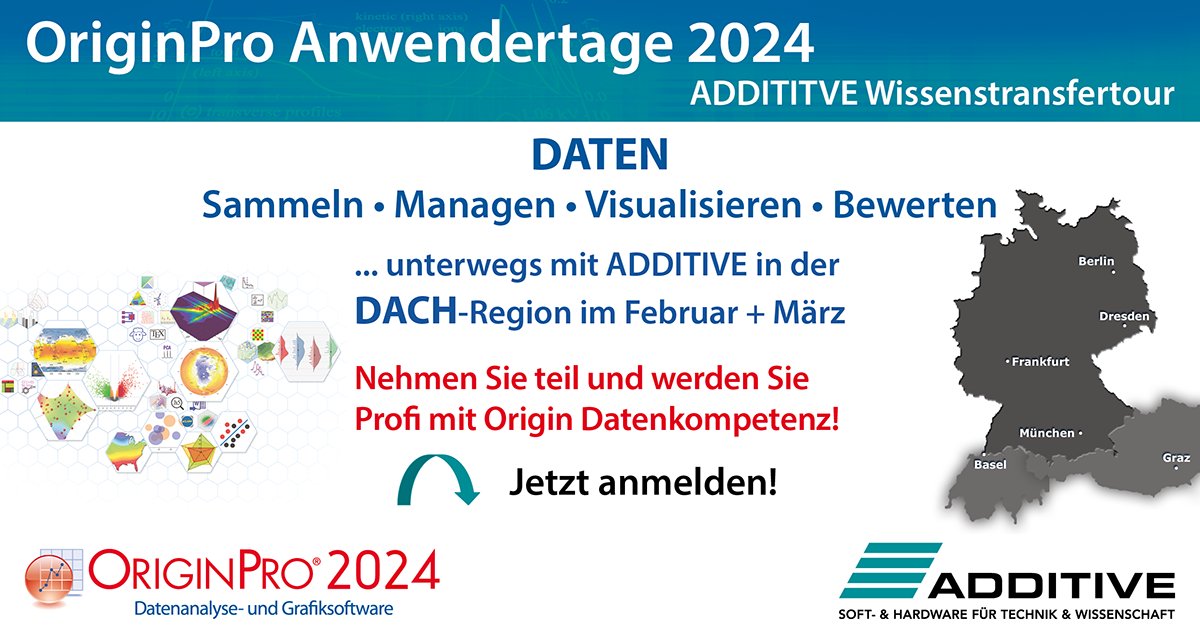 Wollen Sie in die Welt der Datenanalyse und -visualisierung eintauchen oder ihr Wissen rund um die Software Origin erweitern? Dann besuchen Sie unsere OriginPro Anwendertage im Februar und März 2024 in der DACH-Region. Jetzt anmelden! additive-origin.de/anwendertage
