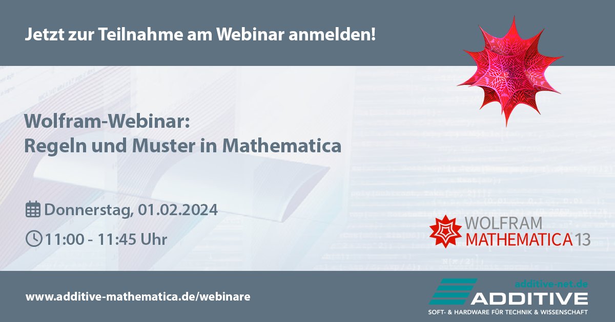 Sie möchten ein tieferes Verständnis für die #Wolfram Language entwickeln? Dann melden Sie sich gleich zu unserem kostenfreien #Webinar „Regeln und Muster in #Mathematica – zentrale Konstrukte der Wolfram Language“ am 01.02. an!
additive-net.de/de/training/we…