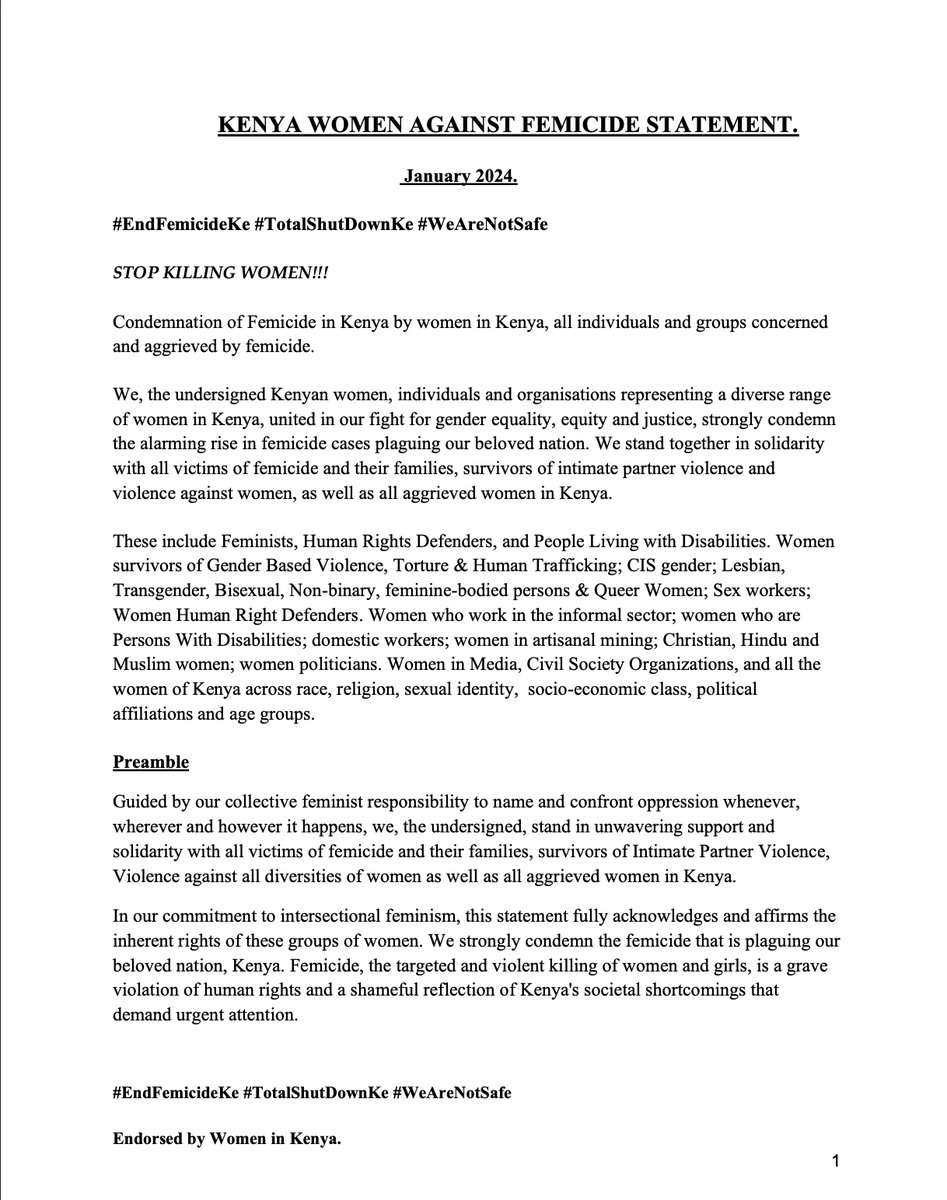 EndFemicideKe (@endfemicideke) on Twitter photo Condemnation of Femicide in Kenya by women in Kenya, all individuals and groups concerned
and aggrieved by femicide. #EndFemicideKe #TotalShutDownKe #WeAreNotSafe Condemnation of Femicide in Kenya by women in Kenya, all individuals and groups concerned
and aggrieved by femicide. #EndFemicideKe #TotalShutDownKe #WeAreNotSafe