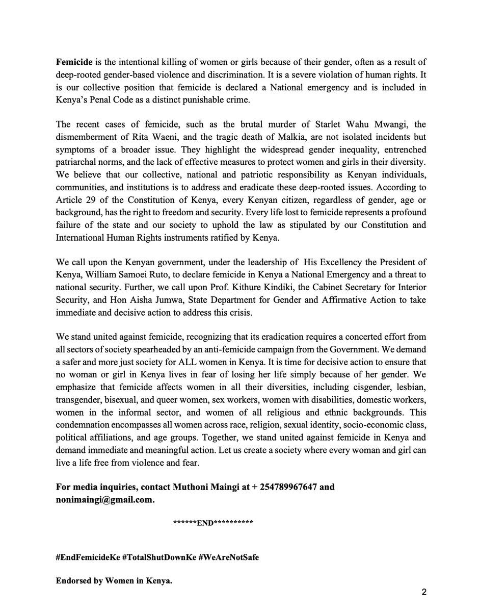 EndFemicideKe (@endfemicideke) on Twitter photo Condemnation of Femicide in Kenya by women in Kenya, all individuals and groups concerned
and aggrieved by femicide. #EndFemicideKe #TotalShutDownKe #WeAreNotSafe Condemnation of Femicide in Kenya by women in Kenya, all individuals and groups concerned
and aggrieved by femicide. #EndFemicideKe #TotalShutDownKe #WeAreNotSafe