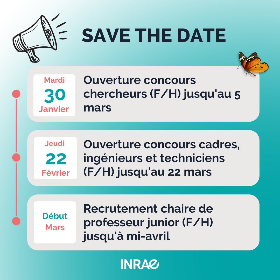 INRAE_France's tweet image. 🌐 Ne manquez pas nos événements recrutement cette année ! 

Pour saisir chaque opportunité, inscrivez-vous à notre alerte emploi : url.inrae.fr/3NSVNNo 📷