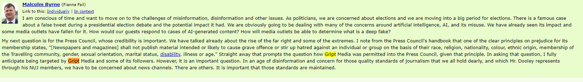 john_mcguirk's tweet photo. Funny thing happened yesterday: Senator @malcolmbyrne was very annoyed in the Oireachtas that Gript Media is a member of the Press Council of Ireland and vigorously questioned how this could be given how terrible we are and so on and so forth. He then made ample use of his Oireachtas privilege to smear us, as you might expect.

The funny thing is that it's a very easy question to answer, Malcolm: The defamation act of 2009, brought into law by your own party, mandates it: