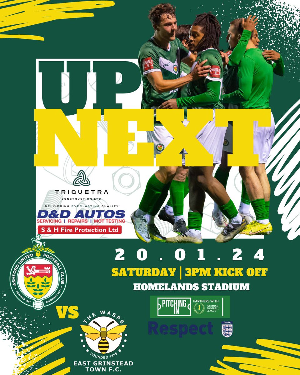 Up Next! 
<a href="/IsthmianLeague/">The Pitching In Isthmian League</a> | Match 22
🗓️ - Sat | Jan 20th
⚽️ - <a href="/egtfcwasps/">East Grinstead Town FC</a> 
🏟️ - Homelands TN26 1NJ
🎟️ - Adult £10 | Concessions £6 | U18’s £1
📖 - £2
🕒 - 3pm Kick Off
#AUFC #coynab