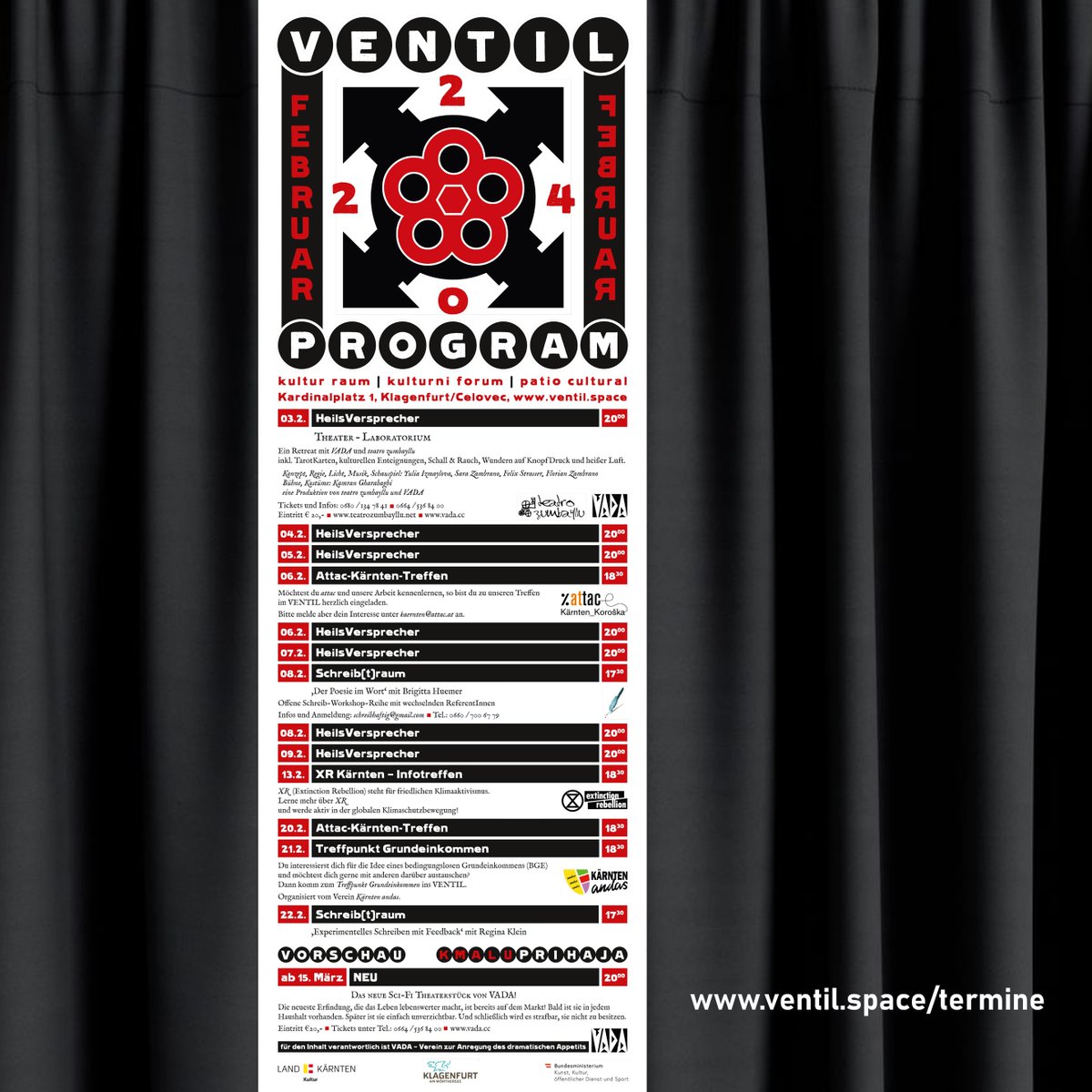 Das FEBRUAR-#Programm fürs #VENTIL (ventil.space) ist eingetroffen.

Begeben Sie sich zum Flyer-Ständer Ihres Vertrauens in #Klagenfurt / #Celovec und decken Sie sich ein!

#esmussvada #kultur #theater #treffpunkt #zivilgesellschaft #kärnten #koroška