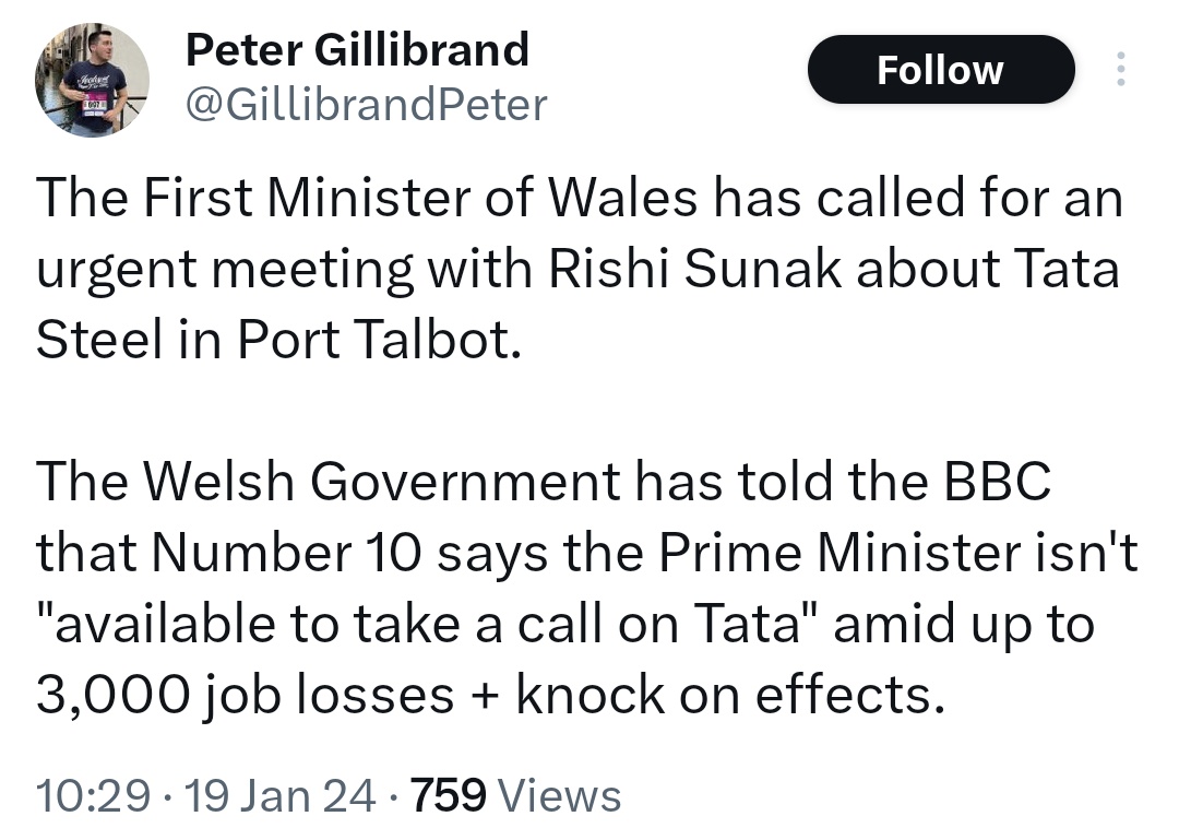 wisheart12's tweet photo. Rishi Sunak boasting in Sept, 2023 his Gov't was saving thousands of jobs at Tata Steel & securing its future with ยฃ1bn of taxpayer's money.
4 months on & Tata Steel is set to announce closure of its Port Talbot blast furnaces with the loss of 3,000 jobs! ๐คฌ
#Stoptheboasts!๐งโฌ๏ธ https://t.co/Xcf2238xDy